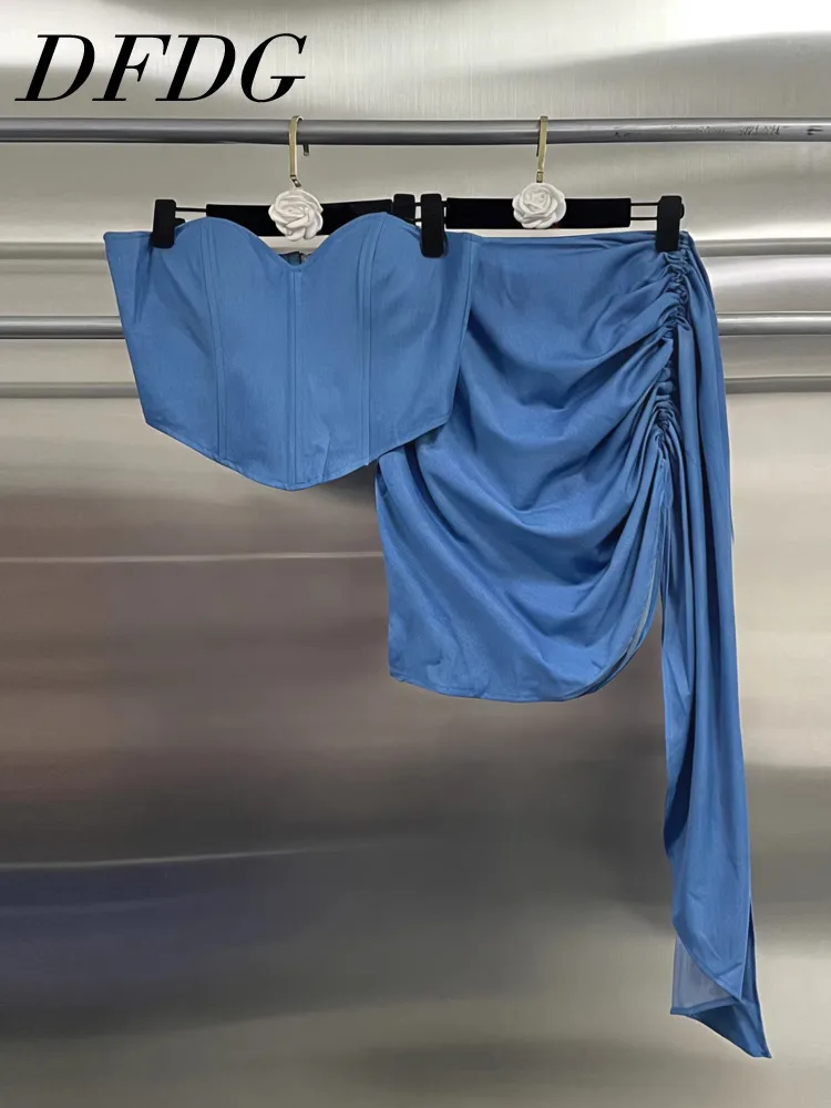 

DFDG Women's Spring Summer Light Blue Strapless Top Ruched Skirt Set Asymmetrical Hem Elegant Party 2025 Trendy Feminine Set