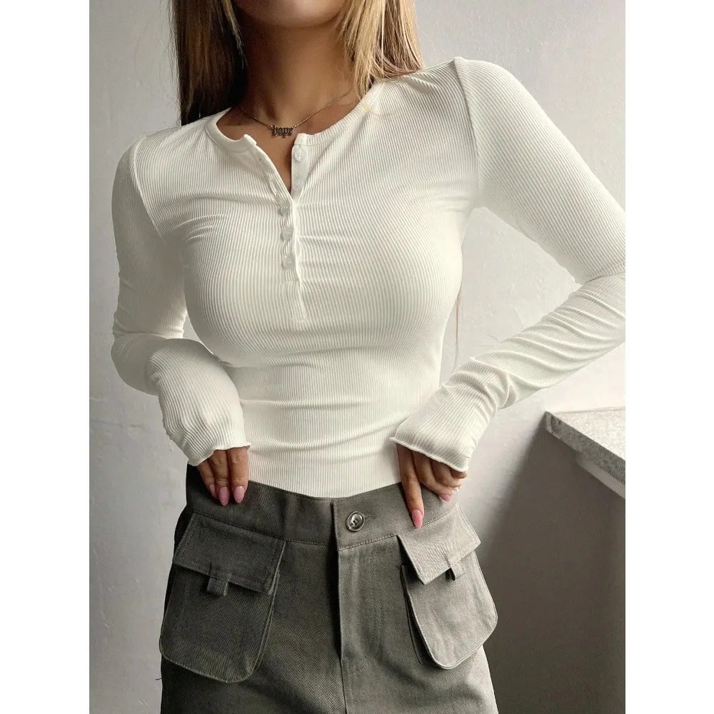 

2026 Women's Plain Half Button Front Ribbed Tee, Fashion Top, Casual Fit Long Sleeve Round Neck T shirt