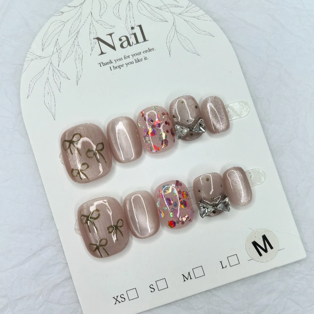 10 stück süße sexy kurze handgemachte nägel zum aufdrücken super glitzernde pailletten katzenauge schleife kunst künstliche nägel abnehmbar wiederverwendbar