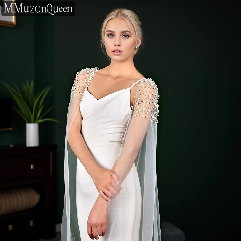 MMQ Elegant Bridal Long Single Pearl Shawl Covering Shoulders Wedding Accessories 2-Piece White Removable And Customizable MG42