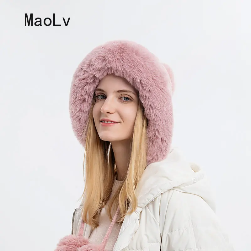 Winter Fluffy Fur Kintted Cap for Women Russian Lady Soft Warm Ear Protection Hats Female Outdoor Plush Coldproof Ball Beanies