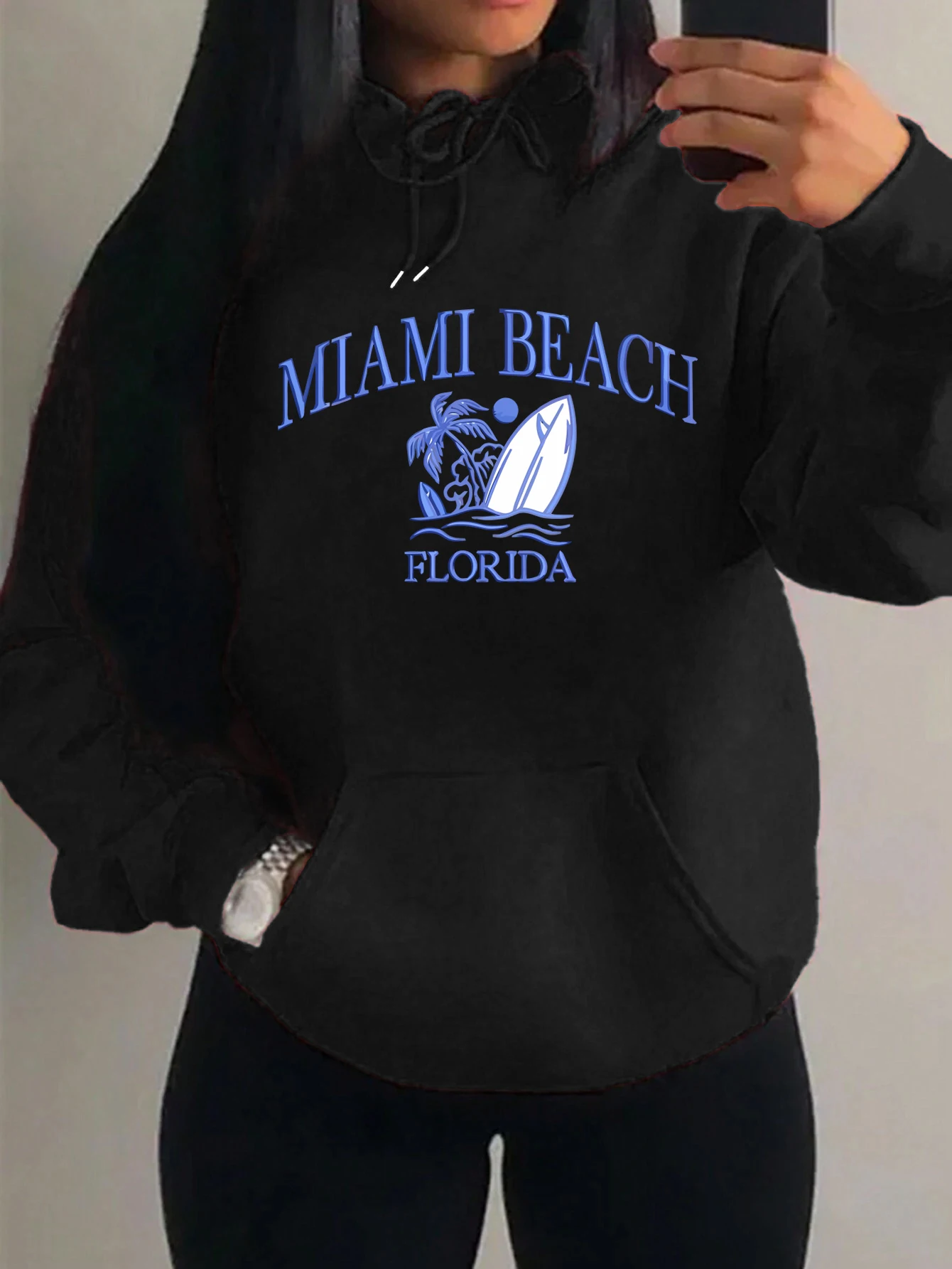 

Miami Beach Florida Print Hoodies Woman Fashion Y2K Fleece Womenswear Casual Hip Hop Streetwear Unisex Vintage Loose Hoody