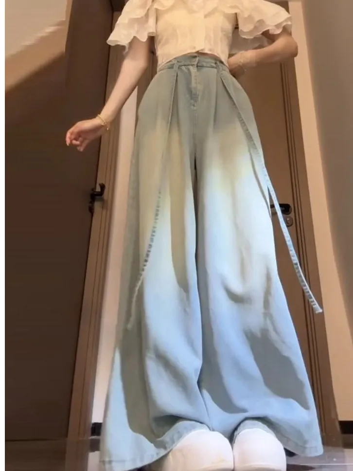 

Синие широкие джинсы в стиле ретро, женские весенне-осенние свободные прямые повседневные джинсы с высокой талией, повседневные джинсы свободного покроя