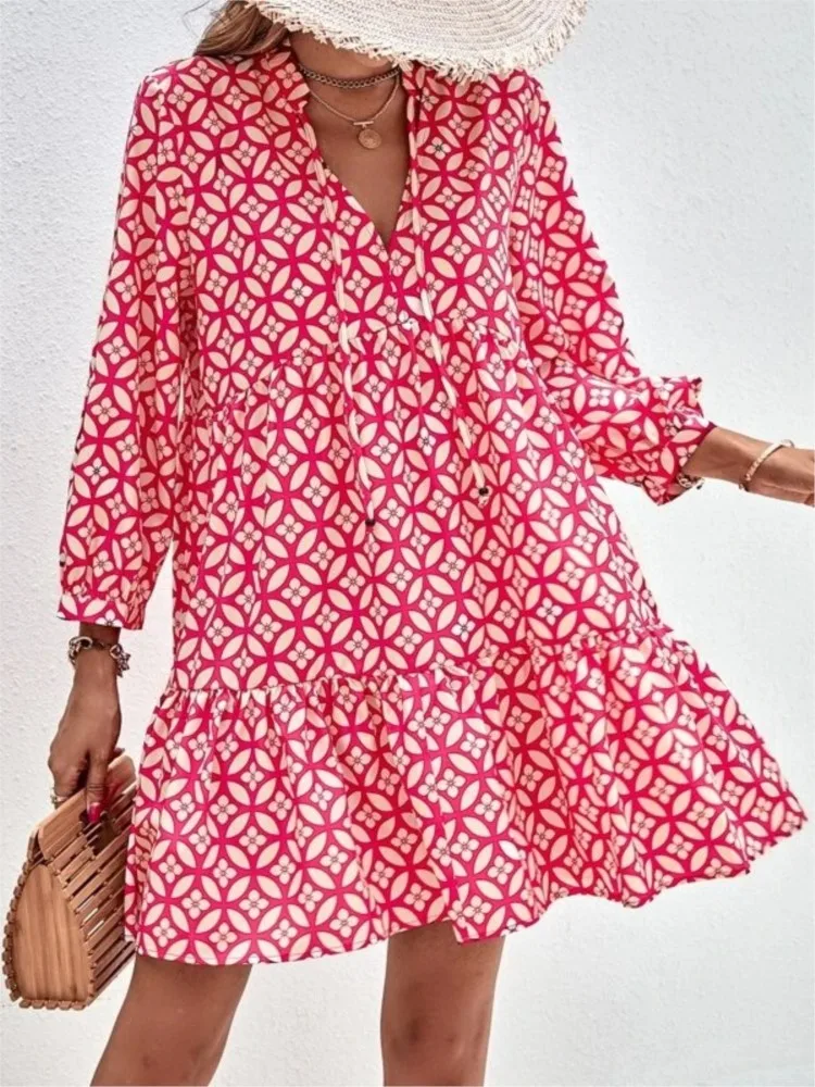 Abbigliamento casual Boho per le vacanze Mini abito con stampa floreale per donna Scollo a V Manica a 3/4 Abito ampio Abiti da festa eleganti estivi Donna