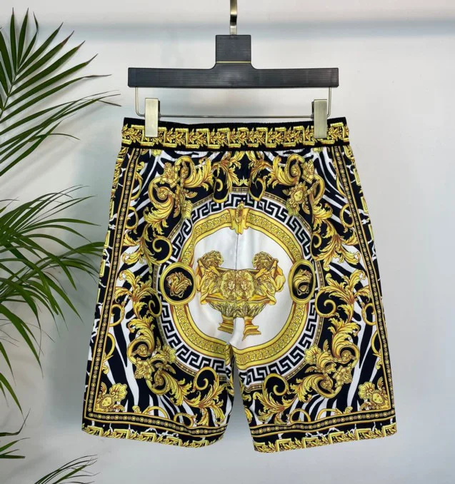 Beach pants men\'s summer ins casual loose shorts cropped pants men\'s plus size trend gold high-end print comfortable and loose
