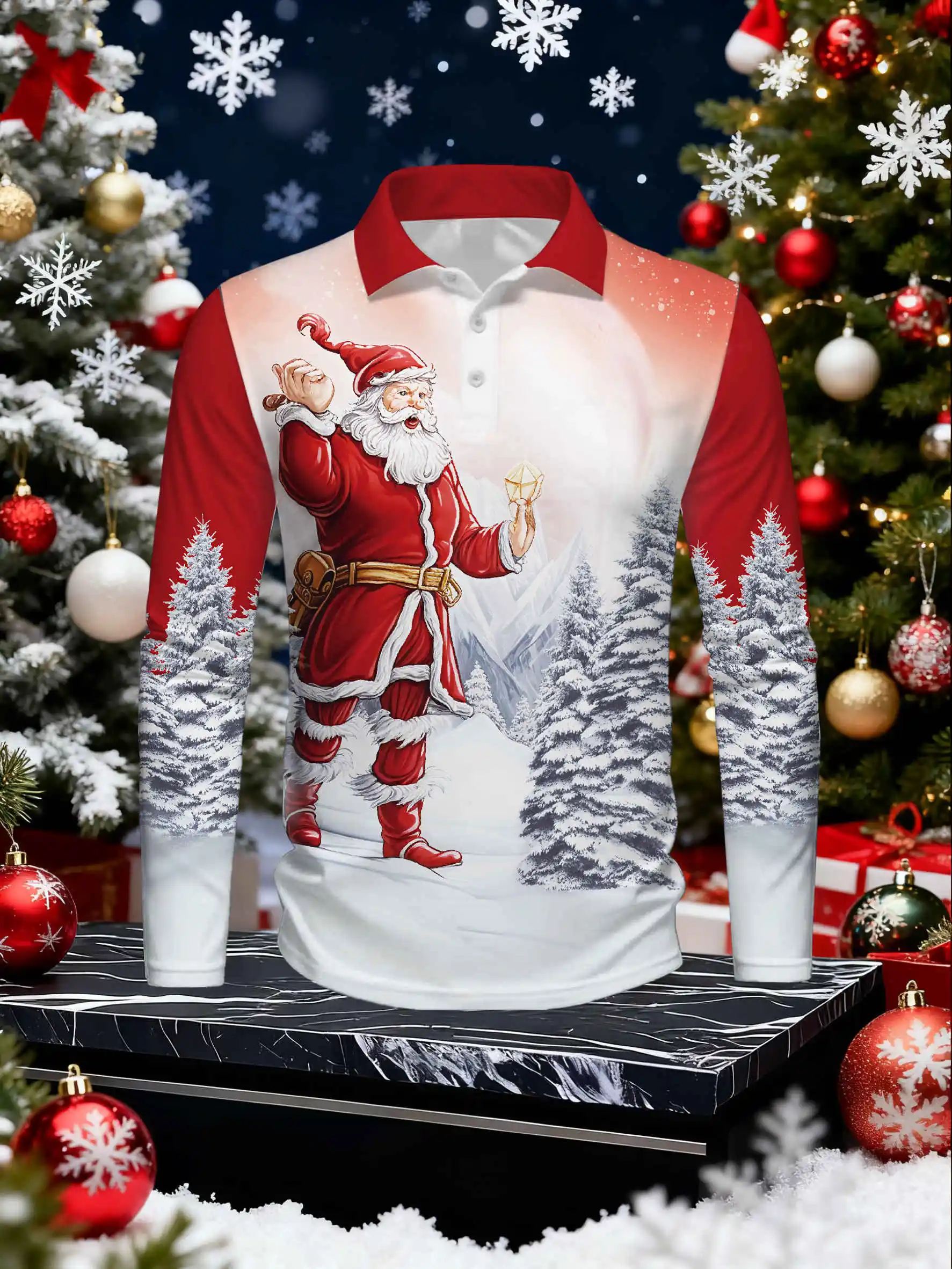 

New Funny Santa Claus Printed Pattern Men's Long Sleeve POLO Shirt Autumn And Winter Christmas-themed Party Hip Hop Men Clothing