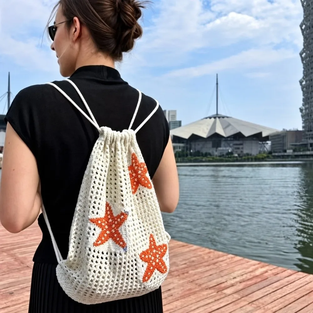 Starfish Embroidery Hollow-Out Backpack Shell Large Capacity Crochet Drawstring Backpack Woven Shoulder Bag for Beach Vacation