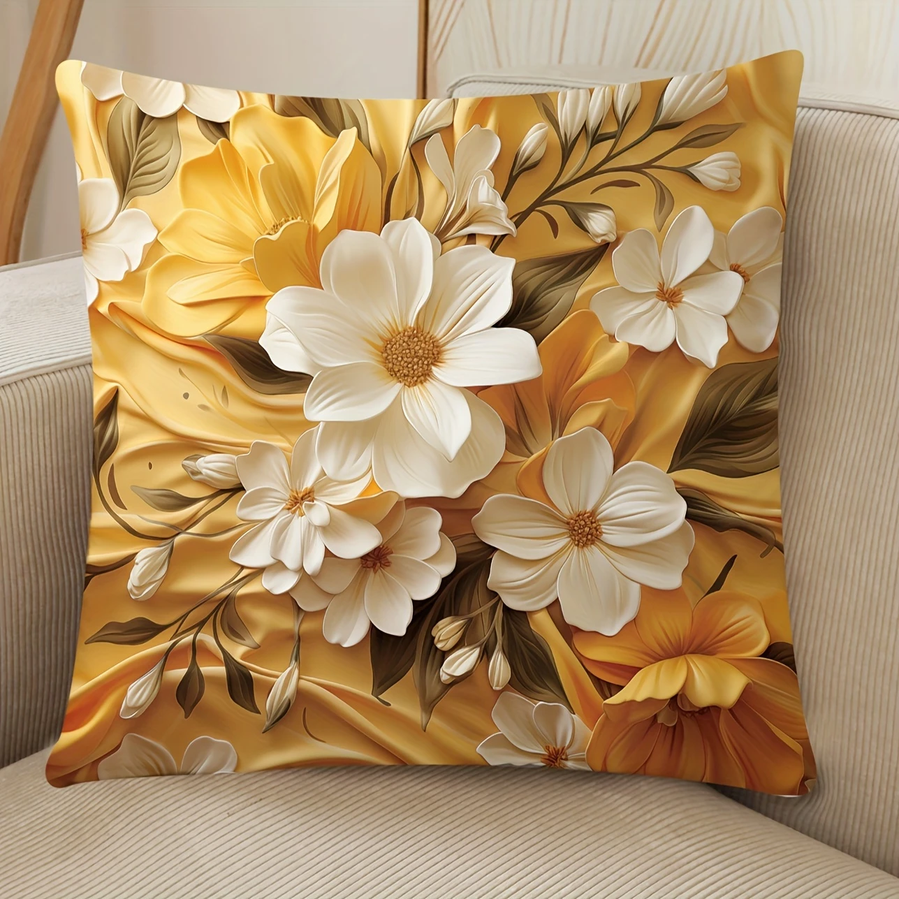 2D Luxuriöser Goldener Weißer Blumen-Kissenbezug Eleganter Blumendruck Kissenhülle für Sofa Couch Moderne Boho Heimdekoration Geschenk