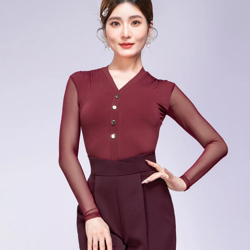 Nuevo Top de baile latino azul GB Dance Jumbo mujer manga larga malla negro cuello en V Samba rojo baile de salón Top Sexy