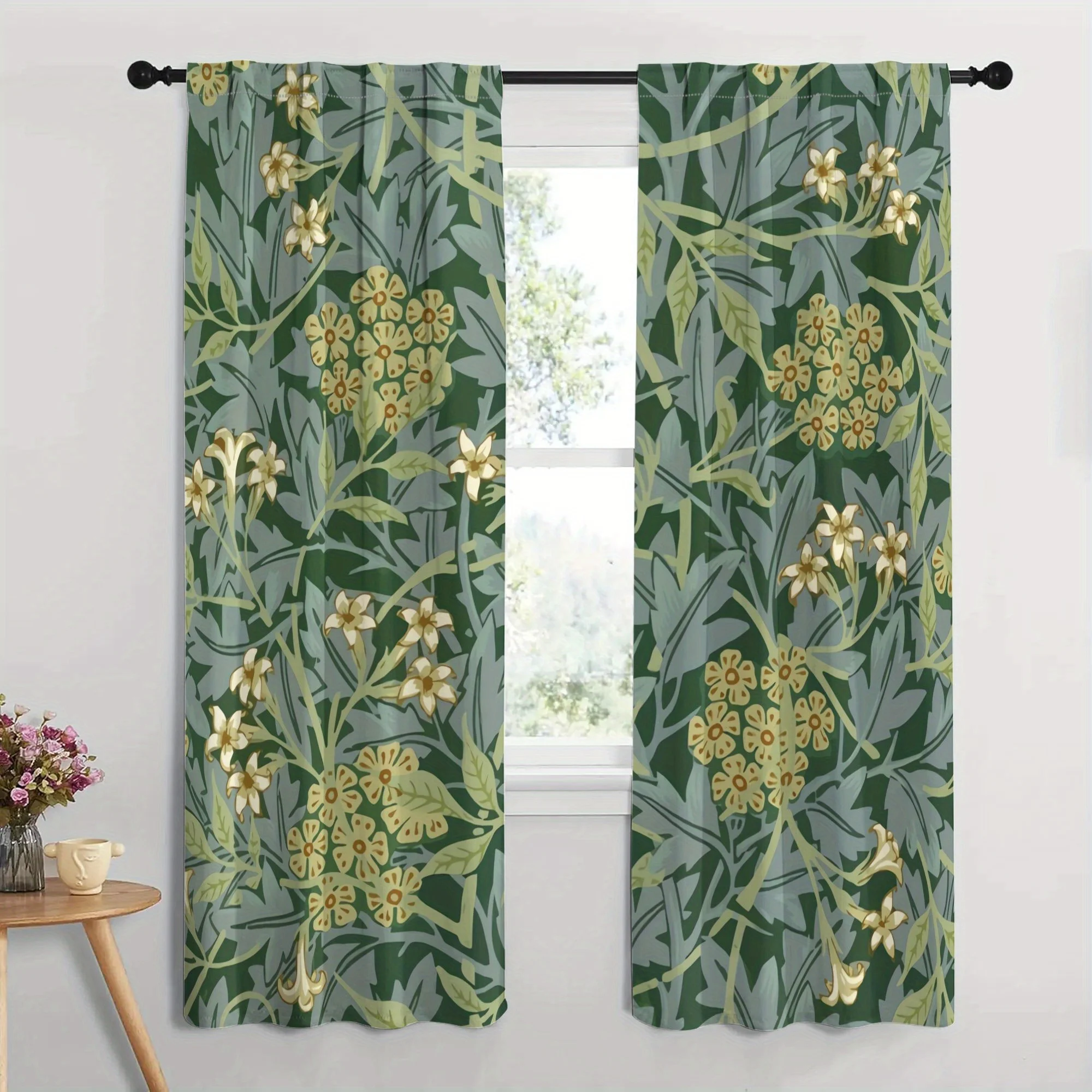 Elegant Green Floral Botanical Pattern Curtains Window Drapery Panel Sheer Curtain Pair 2pcs Home Decor