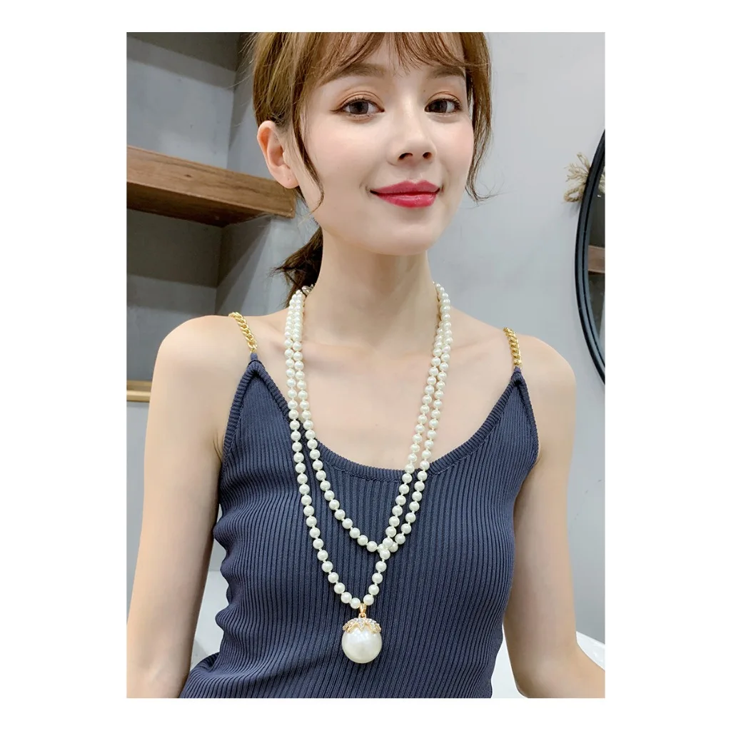 Big Simulated Pearl Ball Multi Layer Long Necklace For Women 2024 New Sweater Chain