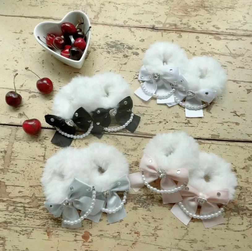 

Japanese Sweet Cute Soft Girl Hot Diamond Beaded Pearl Bow Lolita Hairy Hair Band Hair Accessories for Women