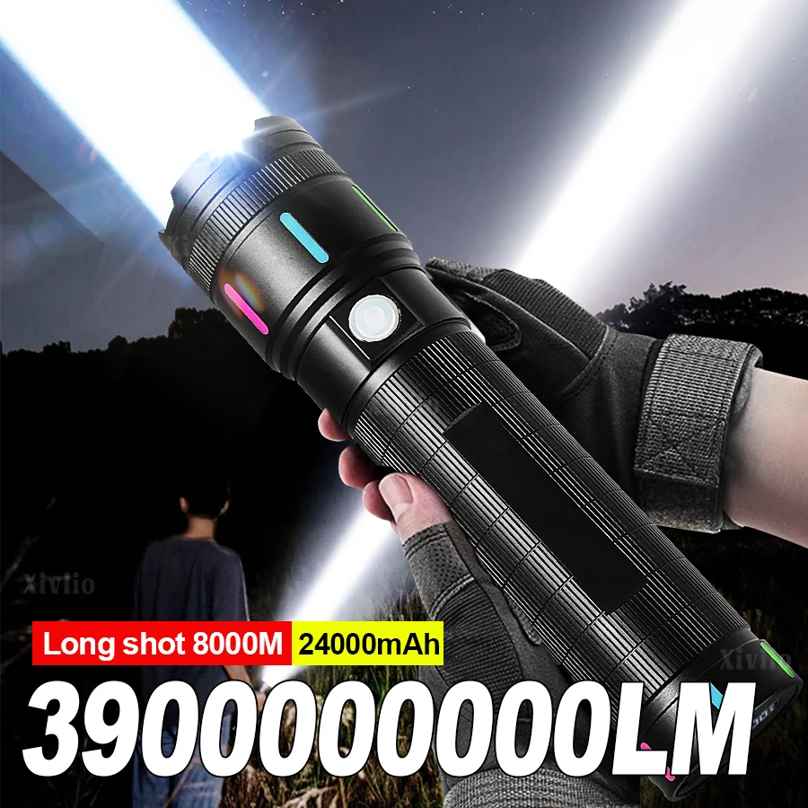 

Суперяркий светодиодный фонарик 24000 мАч, мощный перезаряжаемый фонарь с дальним светом до 8000 м, тактический фонарь для кемпинга и рыбалки