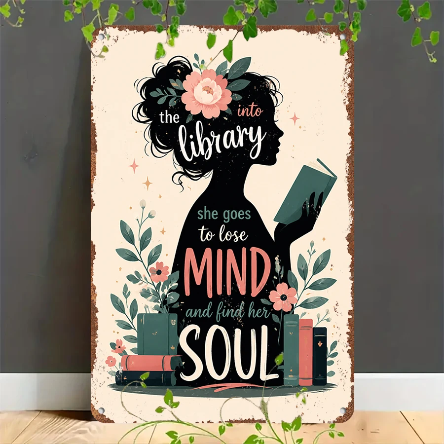 2D flat retro metal tin plate,  Vintage Library Book Lover Tin Sign, Suitable for home, garage, café, bar and garden decoration