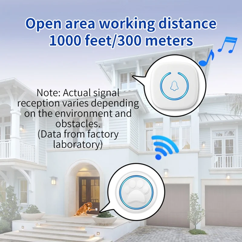 Беспроводной дверной звонок для кошек и собак, дальность действия 300 м, 60 песен, большой объем, водонепроницаемый умный домашний тренировочный звонок, вилка стандарта США