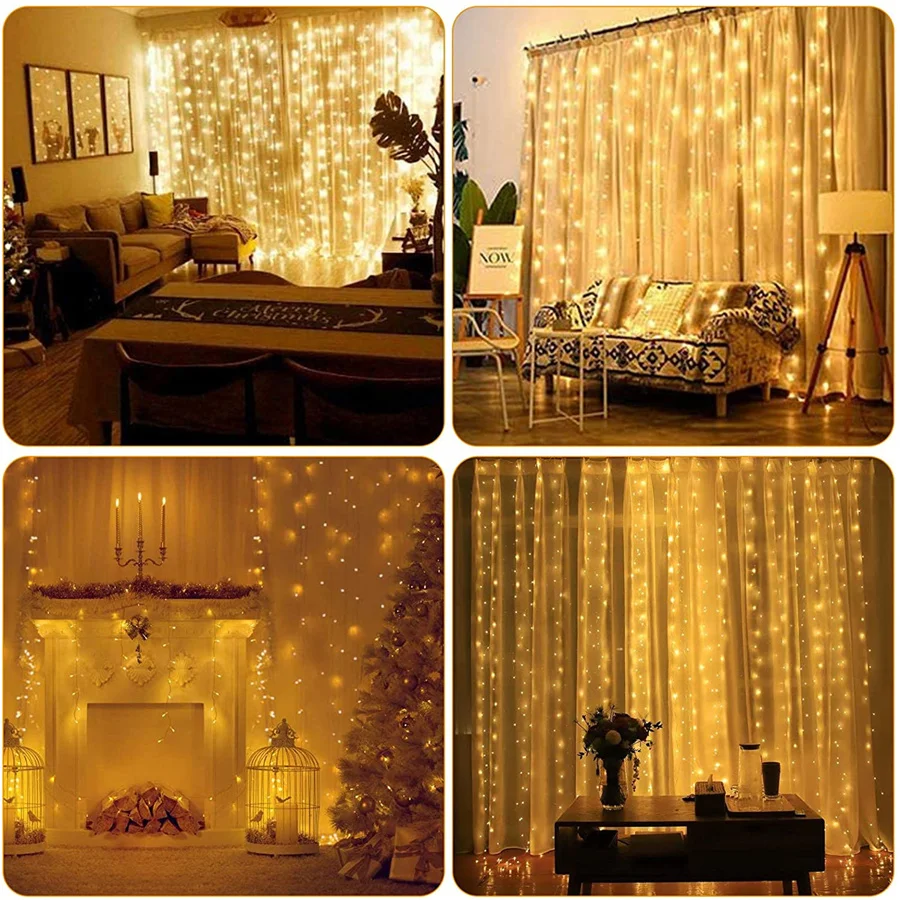 Copper Wire Fairy Curtain LED Lights, Alimentado por USB, Luzes de Natal para festa, Decoração da guirlanda do casamento, Remoto, 8 modos, 3m x 2 m x 3m, 3m x 3m