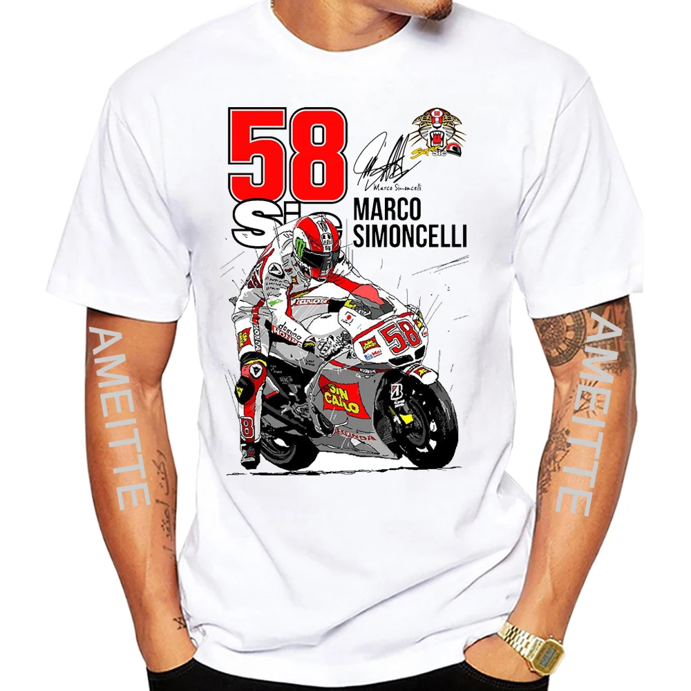 

Legend Motorcyclist Marco Simoncelli 58 GP Race T-Shirt New Men Short Sleeve Sport Hip Hop Boy Casual Tees Mans White Print Tops