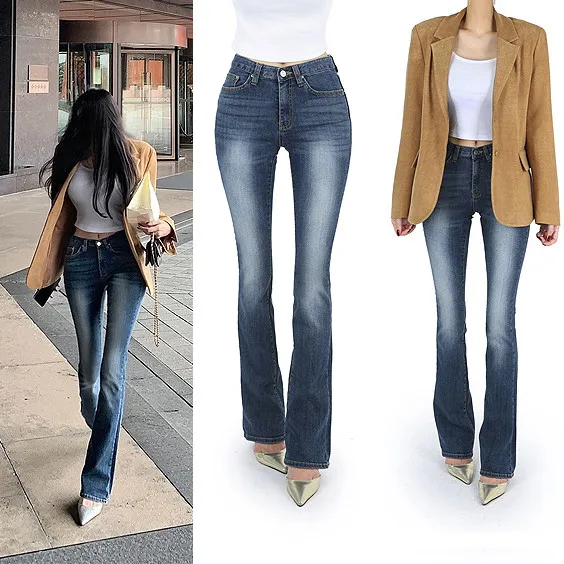 

Сексуальные синие джинсы-клеш с высокой талией, облегающие, из хлопкового стрейч-денима, для высоких женщин, модные женские джинсы Dongda Gate