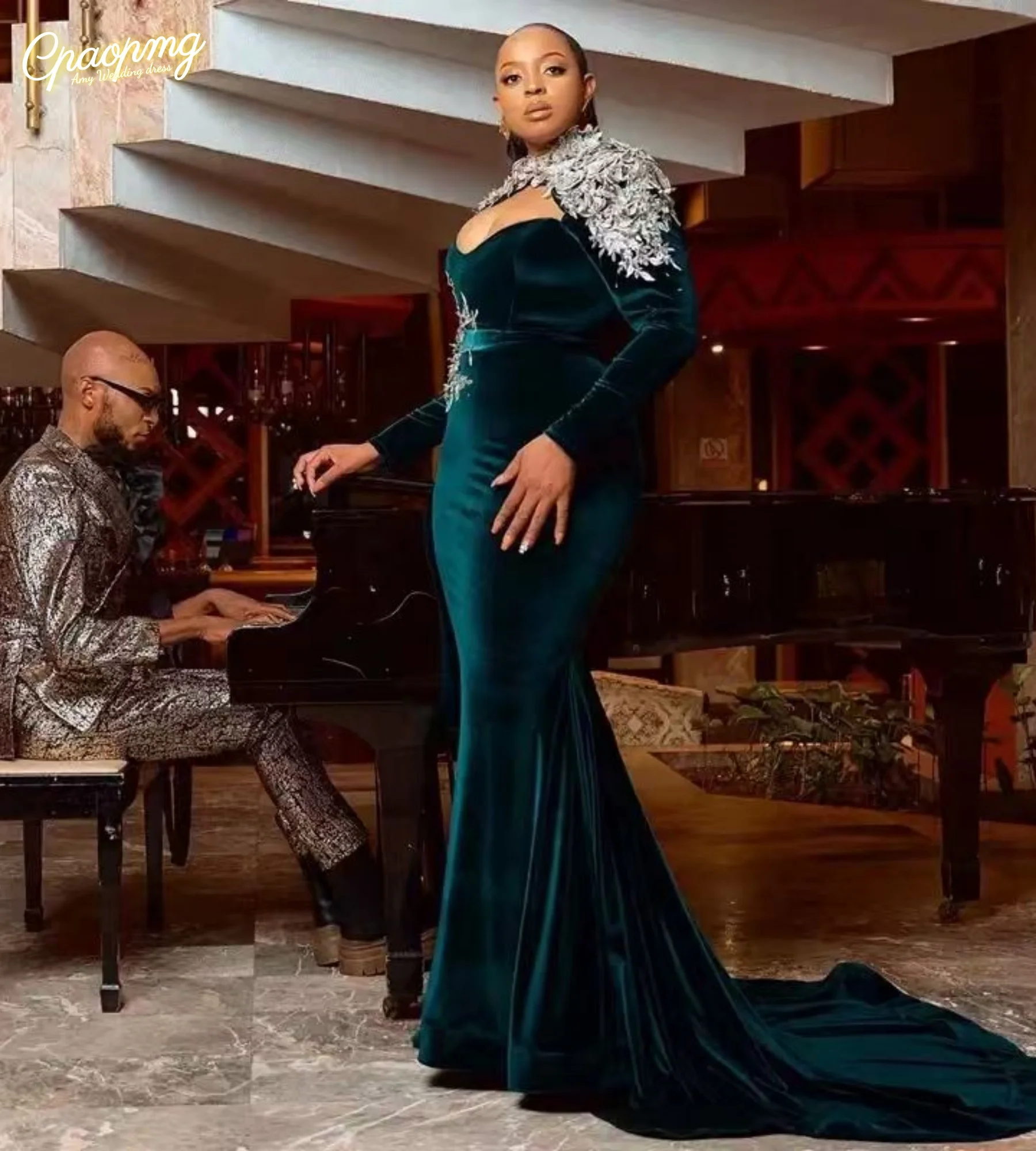 Customized Green Mermaid Long Sleeve Lace Appliques Prom Gown Velvet Birthday Party Gown Plus Size Velvet