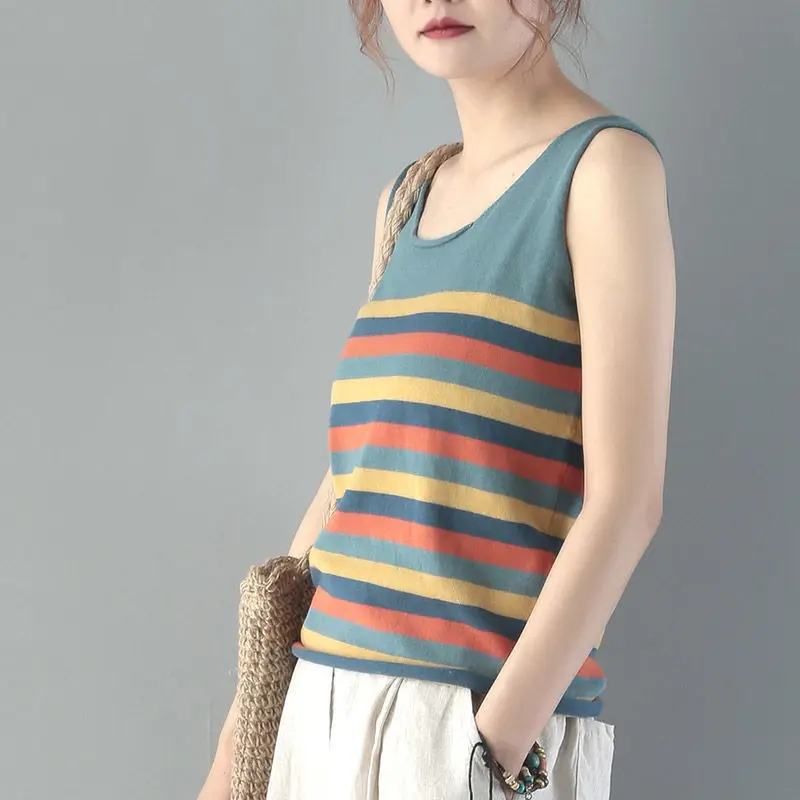 Summer Fashion Korean New Striped Loose Vest Women\'s Round Neck Patchwork Simple Sleeveless Versatile Knitted Shirt Wearing Top