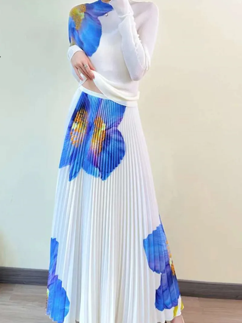 Pleated Print Fashion Two-piece Set Women's Turtleneck Long Sleeves Tops With Elastic Waist Skirt 2025 Spring New 1BIO