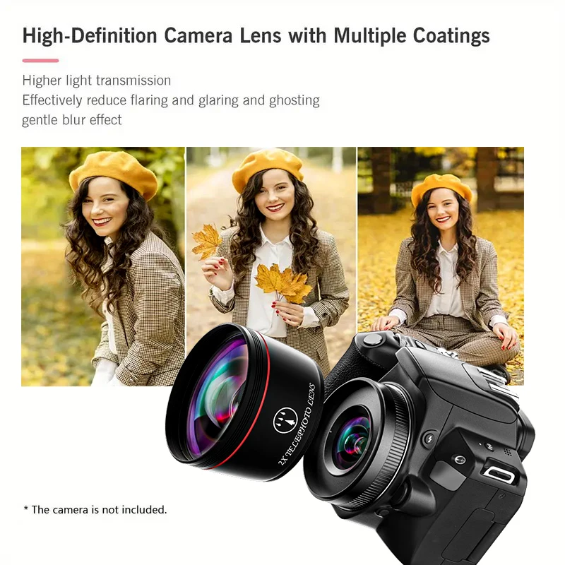 طقم عدسات كاميرا مقربة 2X، عدسة كاميرا DSLR من سبائك الألومنيوم، مناسبة لكاميرات الواجهة مقاس 58 مم