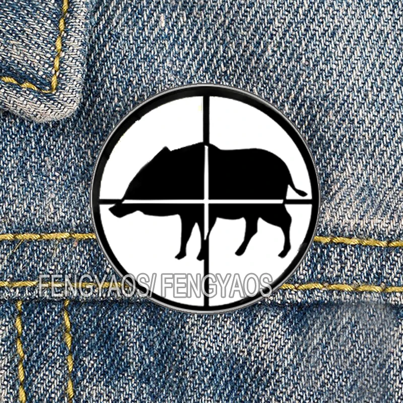 Stainless Steel New Wild Boar Hunting Logo Pin Hunting Lapel Brooch Glass Animal Badge Cabochon Handmade Jewelry