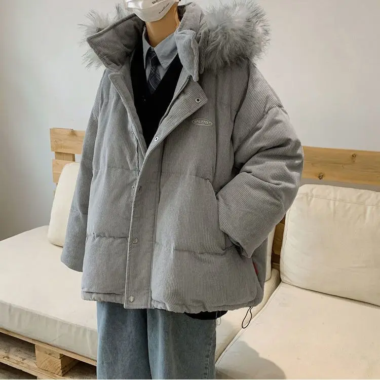 Winter Kapuze gepolsterte Baumwolle Mantel Männer trend ige Paar Cord Baumwolle gepolsterte Jacke Student großen Pelz kragen Baumwolle Mantel Jacke