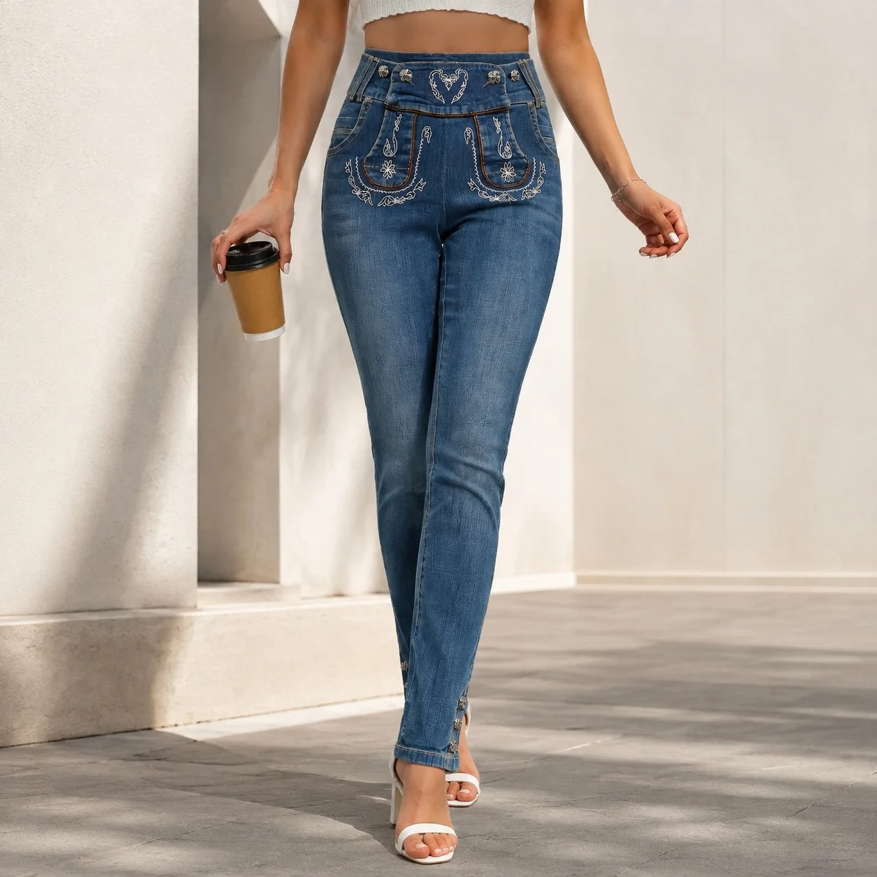 Straight Leg Embroidery Pants High Waist Edgy Streetwear with Slight Stretch Slight Stretch Jeans Commuter Mid Waist Women Jeans