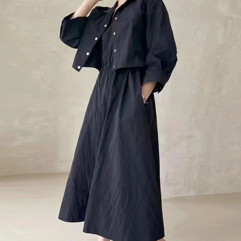 Johnature Spring Summer Women Loose Fashion Korean Dress With Long-sleeved Short Jacket Two-piece Casual Female Dresses 2024 New