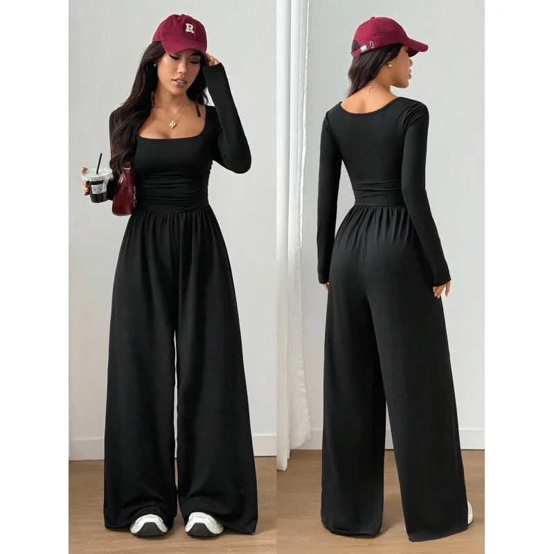 Square Collar Long Sleeved Jumpsuit Women's Waist Cinched Wide Leg Pants Casual Jumpsuit Women's Clothing