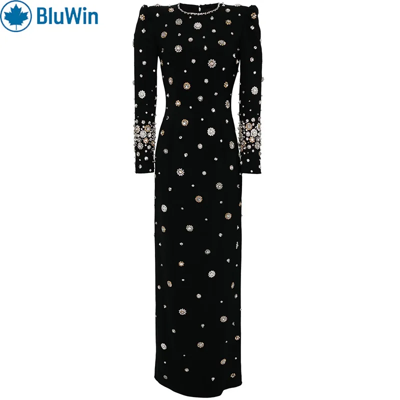 

BluWin Elegant Rhinestone Beaded Maxi Dress Women Long Sleeve Crew Neck Black Slim Fit Evening Gown Formal Party