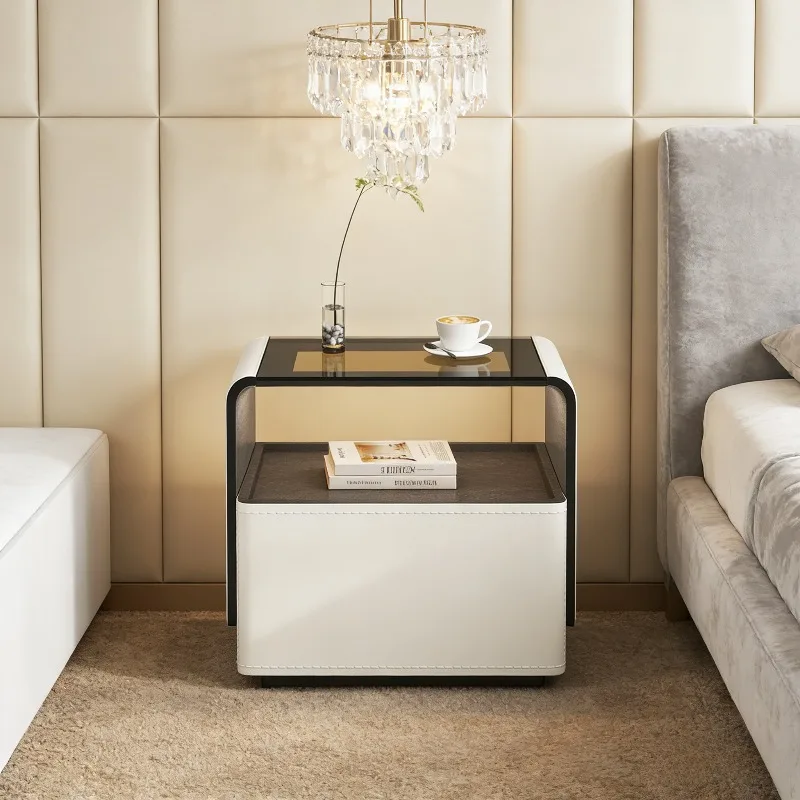 hh-Modern Two-Tier Nightstand with Leather High Gloss Top and Open Storage Shelf Luxury Bedside Table for Bedroom Living Room^