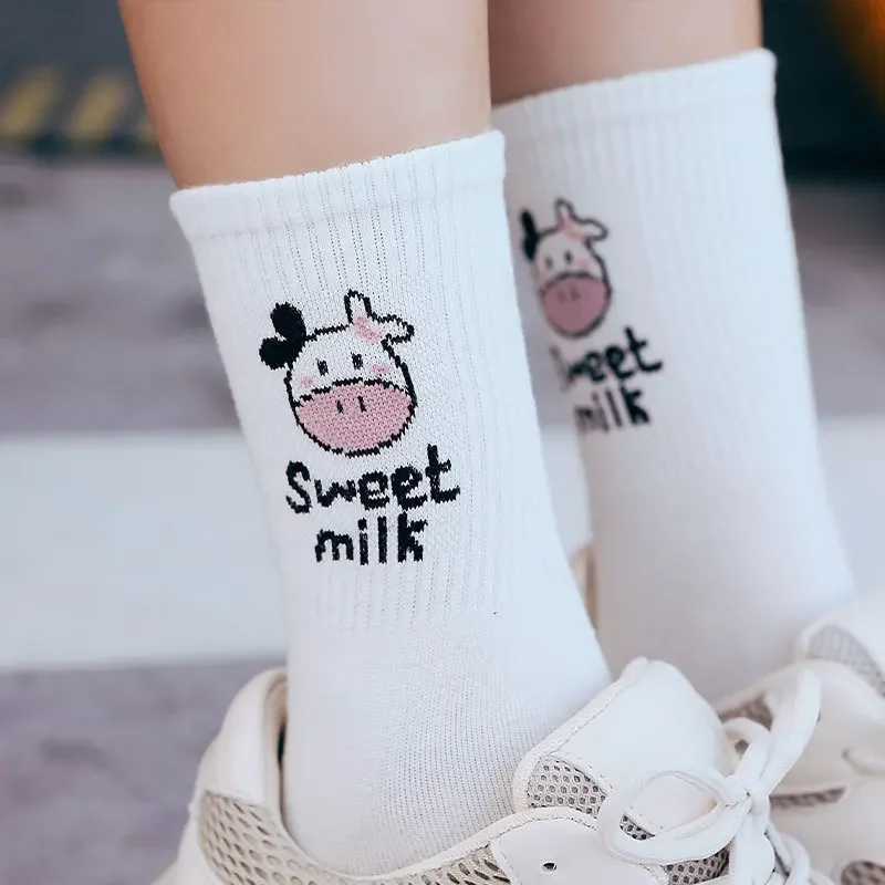 Black White Cow Cartoon Socks Women Harajuku Sweet Kawaii Tube Socks Happy Novel Funny Cotton Socks Men Gifts For The Holidays