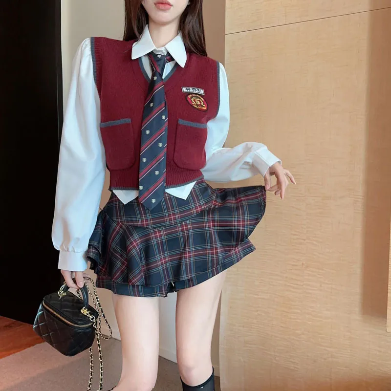 Preppy Style Spice Girl Fashion 2 Pieces Matching Sets Y2k White Shirt&Short Knit Vest&Plaid Mini Shorts Skirt 3pc Uniform Suits