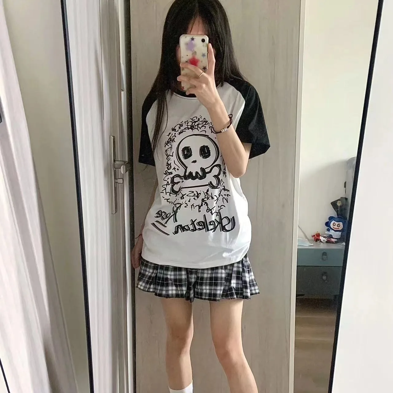 Y2k T Shirts Popular New Vintage Pulovers Japanese Cotton Millennial Punk Bone Print Short Sleeve Tees Loose Casual Top Trend