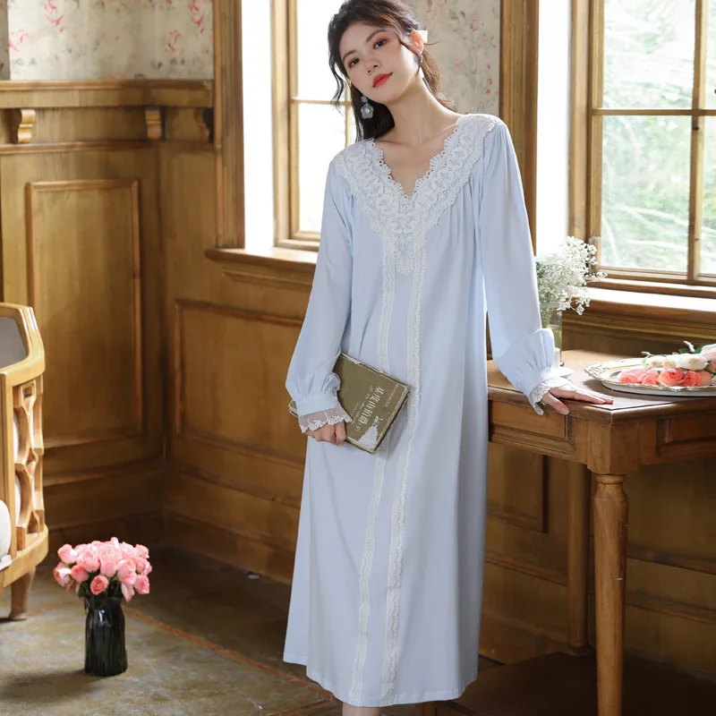 Spring Autumn Night Wears For Women Long Dress Casual V Neck Long-Sleeve Nightdress Loose Cotton Nightgowns Female Vestidos