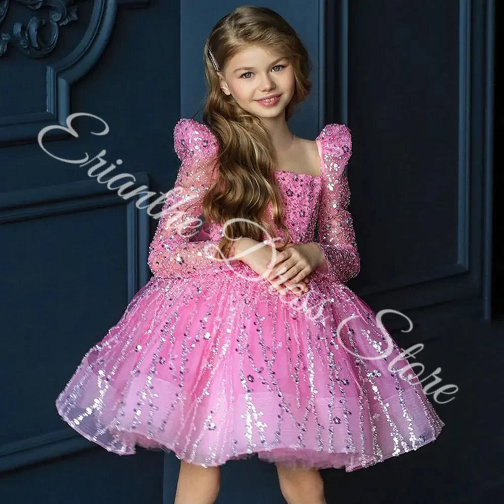 Princess Sparkling Flower Girl Dress For Wedding Tulle Sequins Puffy Kids Birthday Party First Communion Ball Gowns Customized