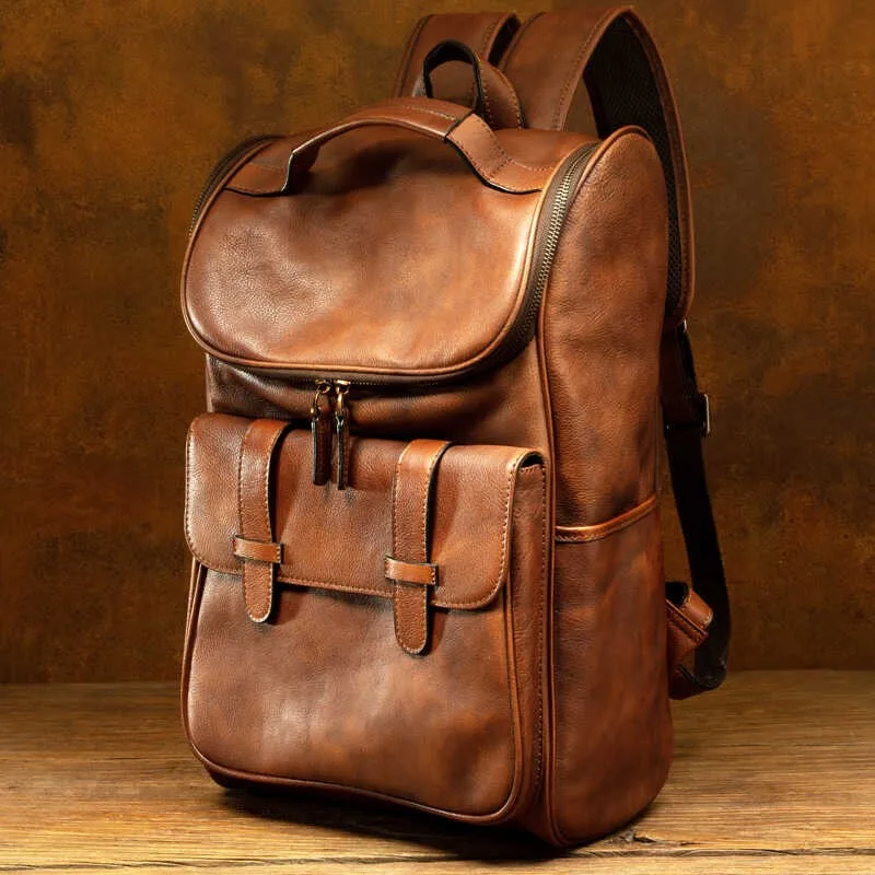 Retro trend handmade genuine leather backpack for men and women, top layer vegetable tanned cowhide double shoulder bag