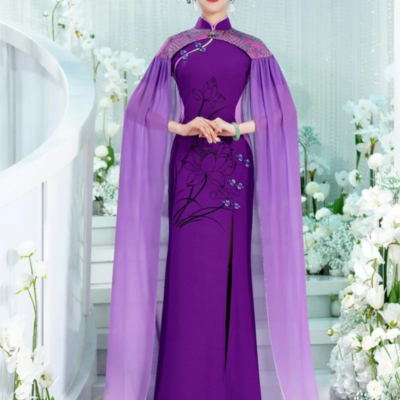 

The new elastic, non-ironing purple shawl can be detachable two-piece catwalk cheongsam