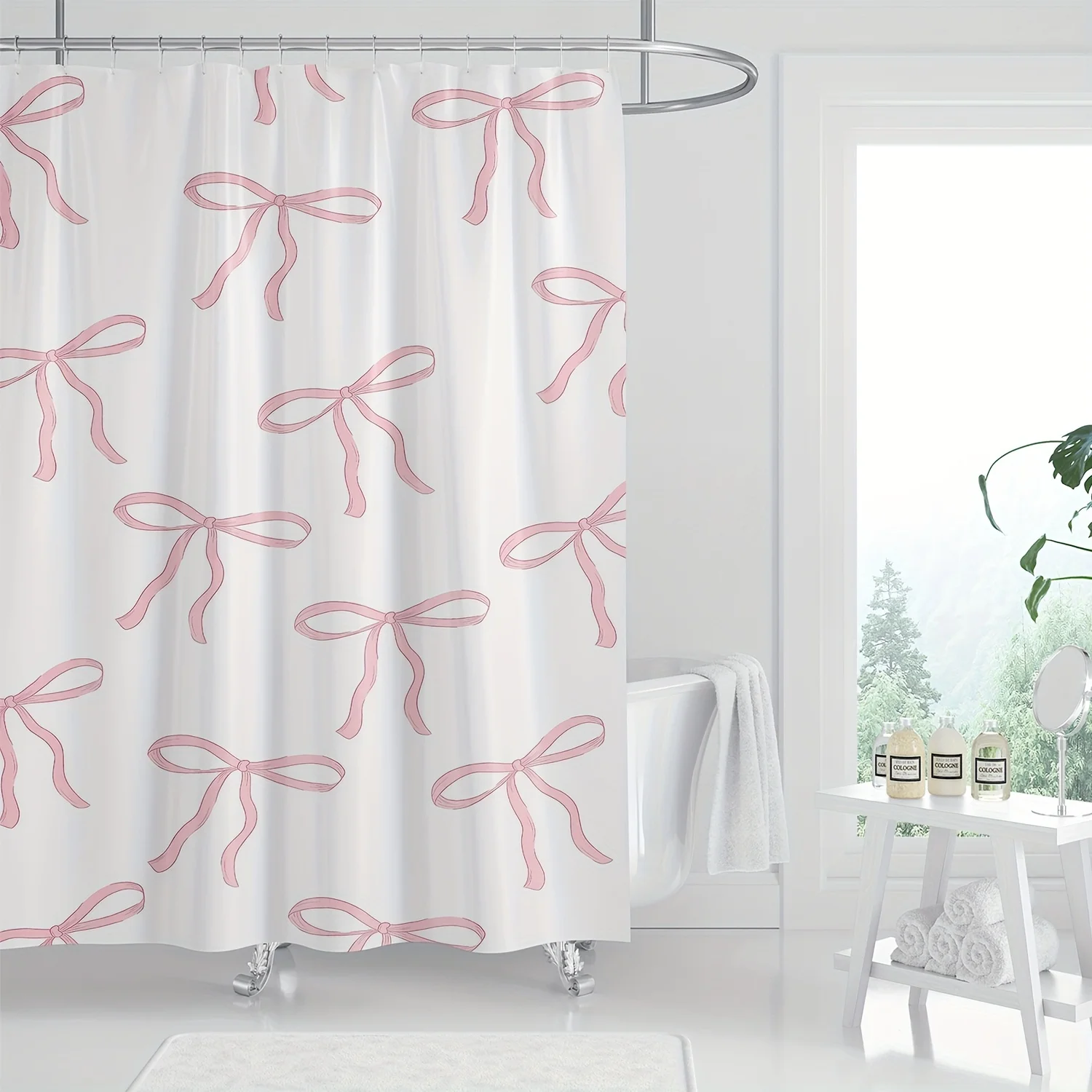 

Cute Pink Bow Shower Curtain - High-Quality Polyester, White Background,Pink Bow Pattern,Machine Washable,Stylish Bathroom Decor