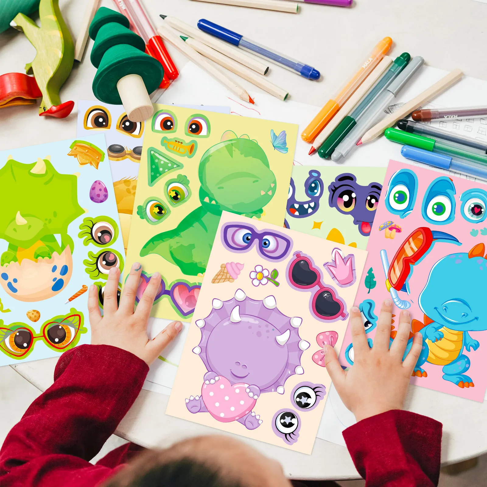 Set di 6 adesivi per collage di cartoni animati di dinosauri, giochi fai da te, decalcomanie artigianali per animali, per skateboard portatile