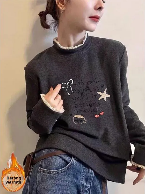 

Женская футболка Thiened Long Sve с высоким воротником и плечами, зимняя модная основа, корейская повседневная одежда