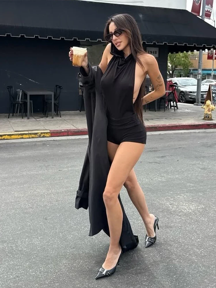 

Женский комбинезон Nibber Solid Sexy с открытой спиной, летний, с воротником-стойкой, без рукавов, модный, эластичный, для дерзких вечеринок, уличный стиль