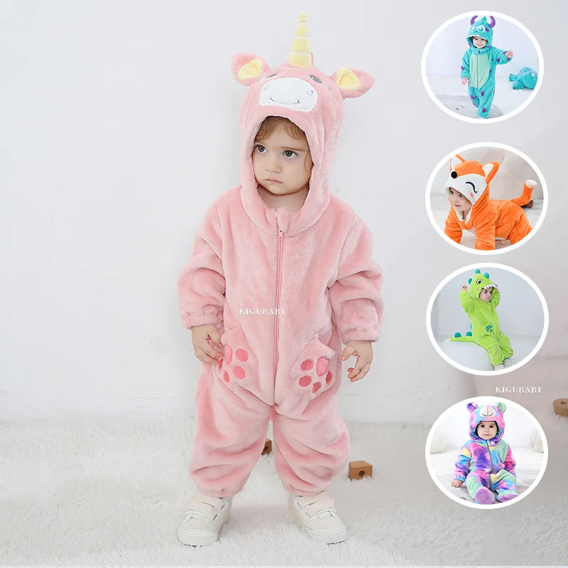 Kigurumis Unicorn Baby Girls Clothes Romper Lovely Infant Baby Onesie Bodysuit Cartoon Newborn Zipper Hooded Flannel Jumpsuits