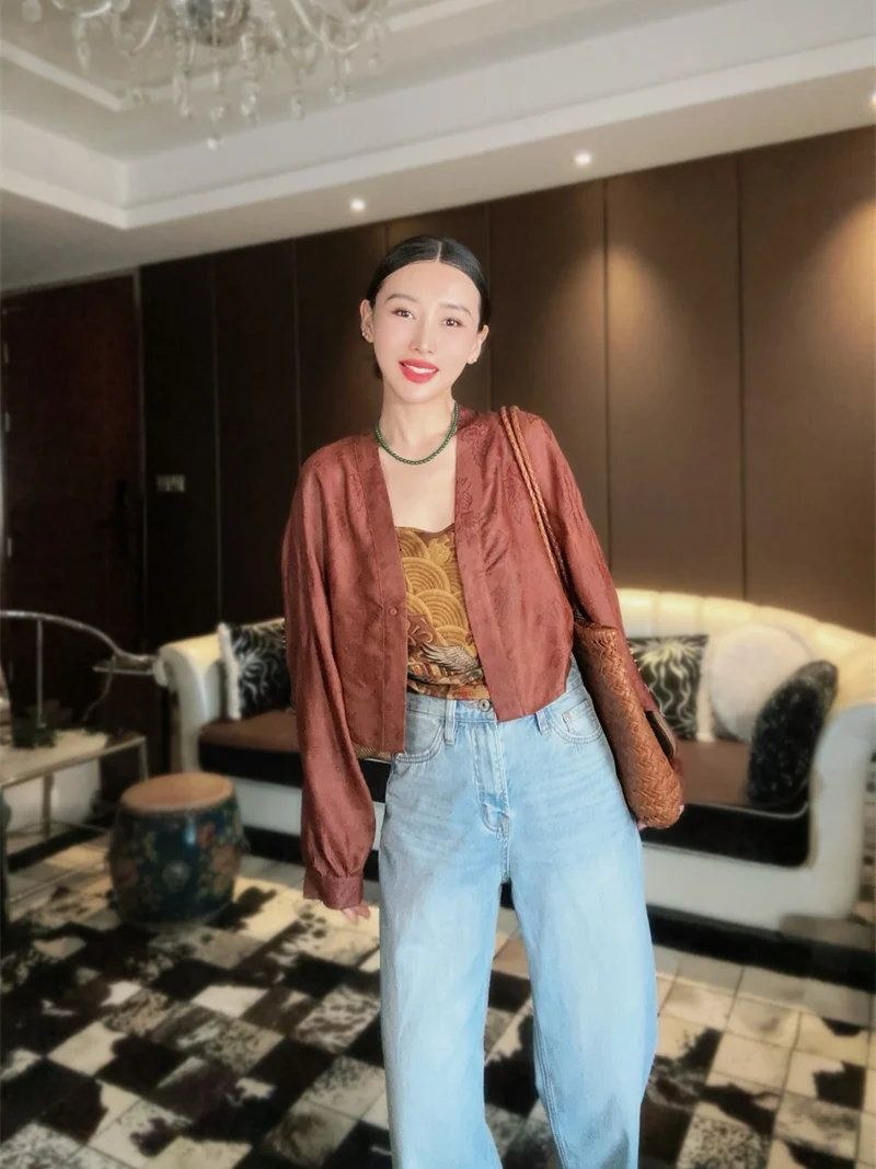 

Silk Batwing Sve ort Jaet Women's Faion Daily Chinese Sle Floral Rouleau Silk Yuzhen Outerwear Commute Retro V-ne