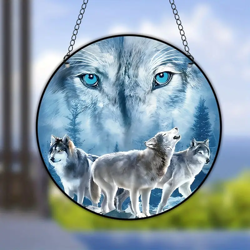 Wolf Suncatchers Stained Window Hanging Animal Round Acrylic Pendant for Living Room Farmhouse Garden Home Wall Decor Signs Gift