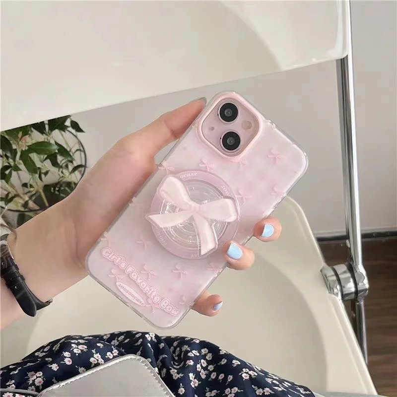 Magnetic pink bow phone case with holder For iPhone 11 12 13 14 15 16 pro max