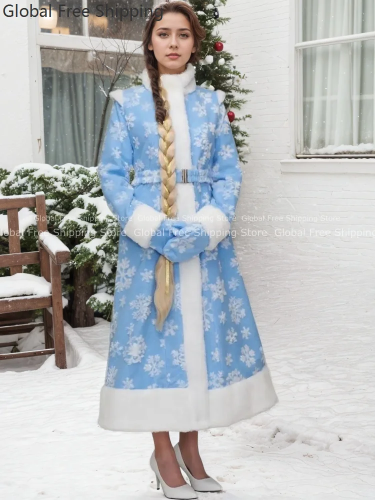 크리스마스 산타 클로스 여성 코스프레 의상 클래식 블루 디럭스 크리스마스 소녀 위장 옷 크리스마스 새해 파티 코트