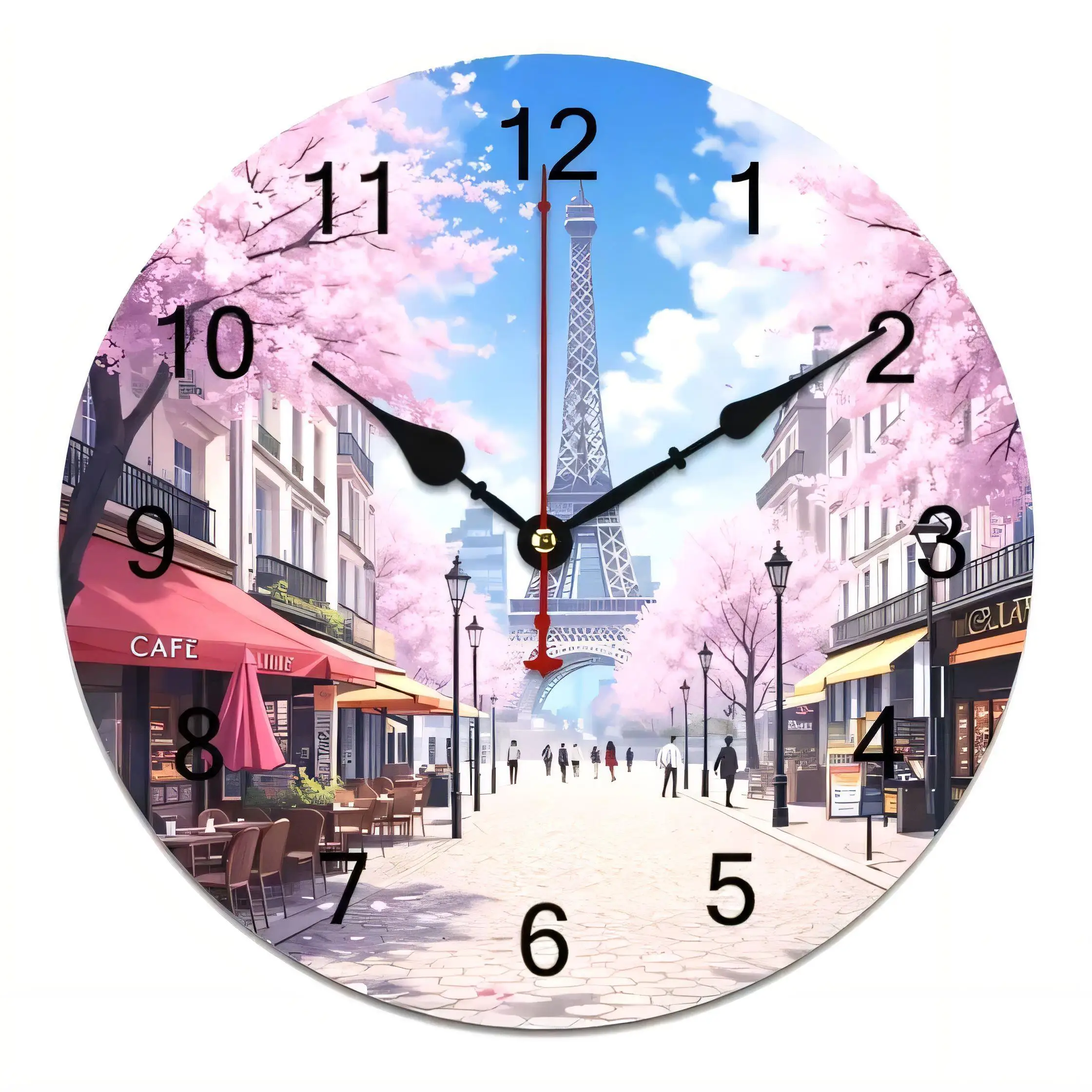 Vintage Paris Eiffel Tower Cherry Blossom Wall Clock  Silent Non Ticking Battery Operated Art Decor for Home Living Room